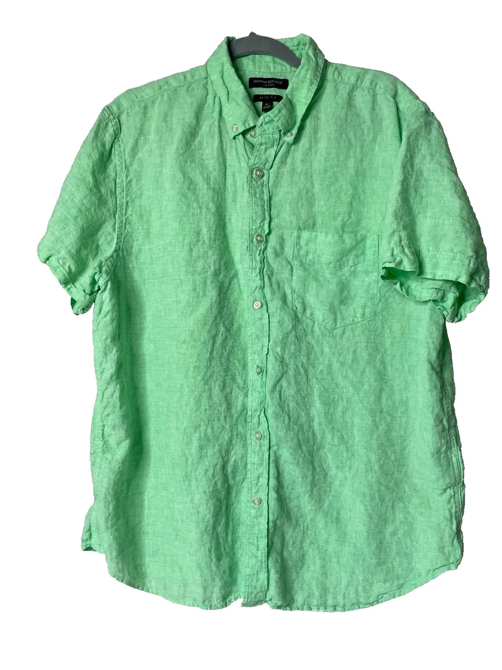 Banana Republic Mens XL Slim Fit 100% Linen Green Short Sleeve Button Front Shir